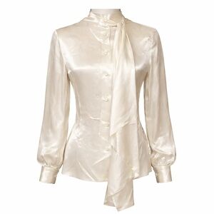 Vintage 70s NWT Satin Blouse Saroja by Hargo Ivory Acetate Secretary Top 8
